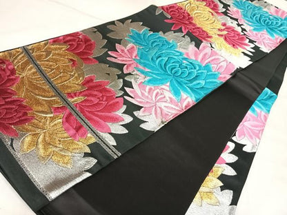 平和屋着物◎六通柄袋帯　唐織　舞花文　黒地　金銀糸　正絹　逸品　AABL6137yx