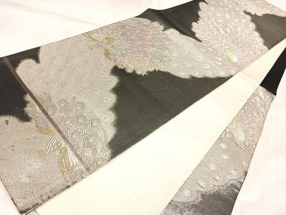 平和屋着物◎六通柄袋帯　唐織　道長孔雀文　黒地　金銀糸　正絹　逸品　AABL6139yx
