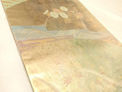平和屋着物◎六通柄袋帯　エ霞流水草花文　賀美箔　金糸　引箔　正絹　逸品　AABL6140yx