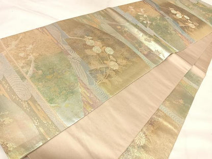 平和屋着物◎六通柄袋帯　エ霞流水草花文　賀美箔　金糸　引箔　正絹　逸品　AABL6140yx