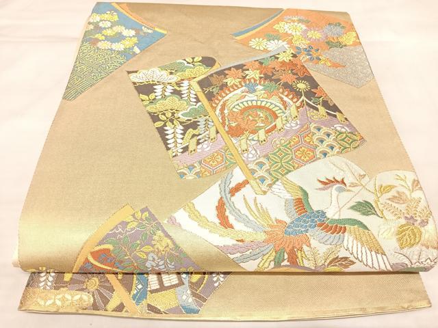 平和屋着物◎六通柄袋帯　唐織　御所車鳳凰吉祥文　金糸　正絹　逸品　AABL6145yx