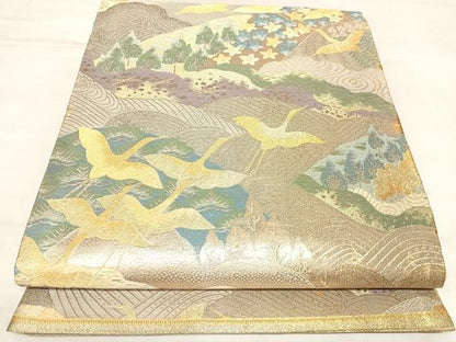 平和屋着物◎六通柄袋帯　流水飛鶴樹林文　金糸　正絹　逸品　AABL6146yx