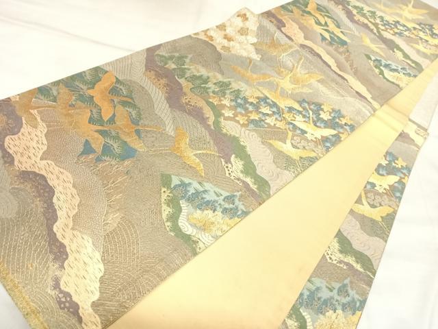 平和屋着物◎六通柄袋帯　流水飛鶴樹林文　金糸　正絹　逸品　AABL6146yx