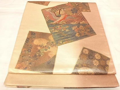平和屋着物◎太鼓柄袋帯　色紙重ね花鳥風景文　金彩　正絹　逸品　AABL6149yx