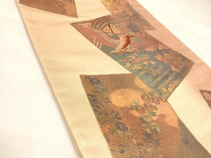 平和屋着物◎太鼓柄袋帯　色紙重ね花鳥風景文　金彩　正絹　逸品　AABL6149yx