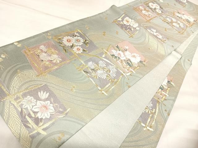 平和屋着物◎両面六通柄袋帯　唐織　立波唐花文　金糸　反端付き　正絹　逸品　AABL6150yx