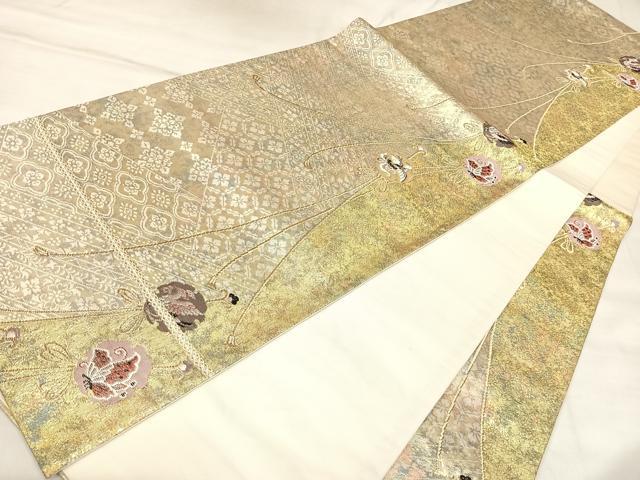 平和屋着物◎六通柄袋帯　結び紐雪輪花舞蝶文　金糸　引箔　正絹　逸品　AABL6155yx