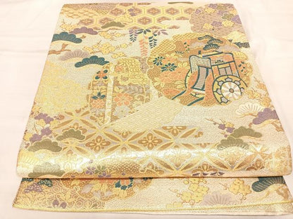 平和屋着物◎佐賀錦　六通柄袋帯　雪輪御所車松花文　金糸　正絹　逸品　AABL6156yx