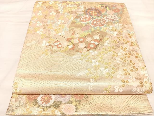 平和屋着物◎六通柄袋帯　唐織　扇面花映文　金糸　正絹　逸品　AABL6157yx