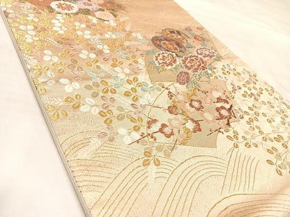 平和屋着物◎六通柄袋帯　唐織　扇面花映文　金糸　正絹　逸品　AABL6157yx