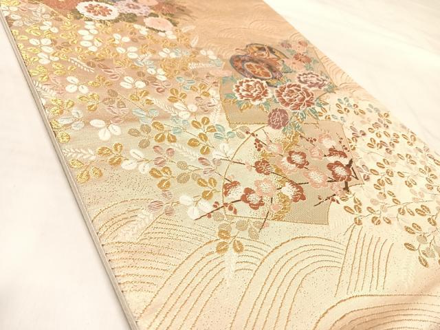 平和屋着物◎六通柄袋帯　唐織　扇面花映文　金糸　正絹　逸品　AABL6157yx