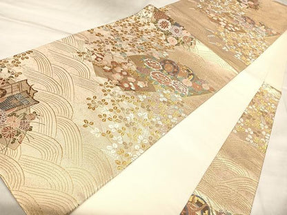 平和屋着物◎六通柄袋帯　唐織　扇面花映文　金糸　正絹　逸品　AABL6157yx