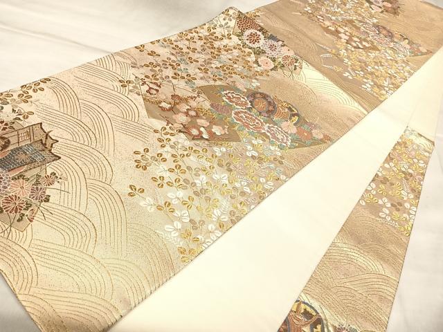 平和屋着物◎六通柄袋帯　唐織　扇面花映文　金糸　正絹　逸品　AABL6157yx