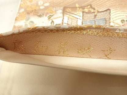 平和屋着物◎六通柄袋帯　唐織　扇面花映文　金糸　正絹　逸品　AABL6157yx