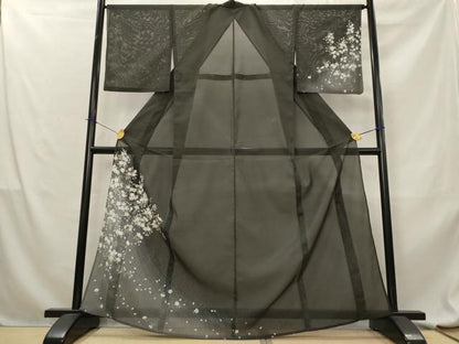 平和屋着物＊夏物　訪問着　絽　枝花文　暈し染め　黒地　金彩　洗える着物　AABL6171st