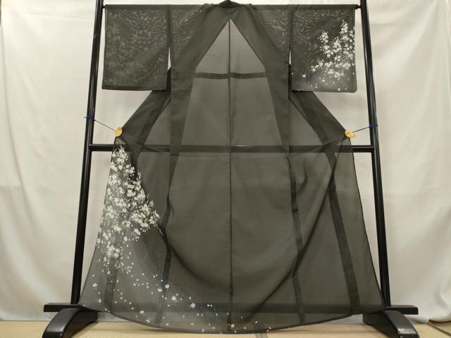 平和屋着物＊夏物　訪問着　絽　枝花文　暈し染め　黒地　金彩　洗える着物　AABL6171st