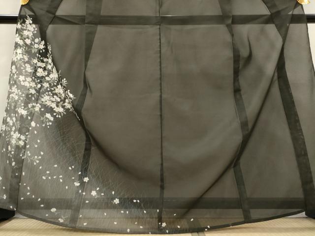 平和屋着物＊夏物　訪問着　絽　枝花文　暈し染め　黒地　金彩　洗える着物　AABL6171st