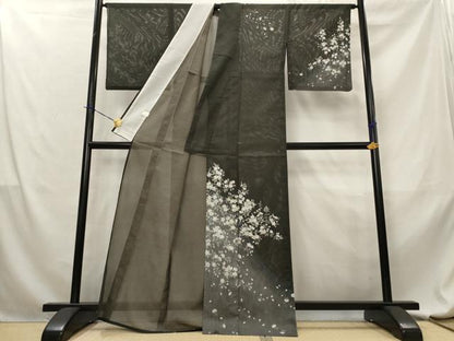 平和屋着物＊夏物　訪問着　絽　枝花文　暈し染め　黒地　金彩　洗える着物　AABL6171st