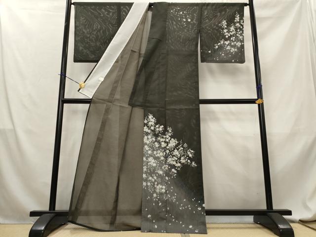 平和屋着物＊夏物　訪問着　絽　枝花文　暈し染め　黒地　金彩　洗える着物　AABL6171st
