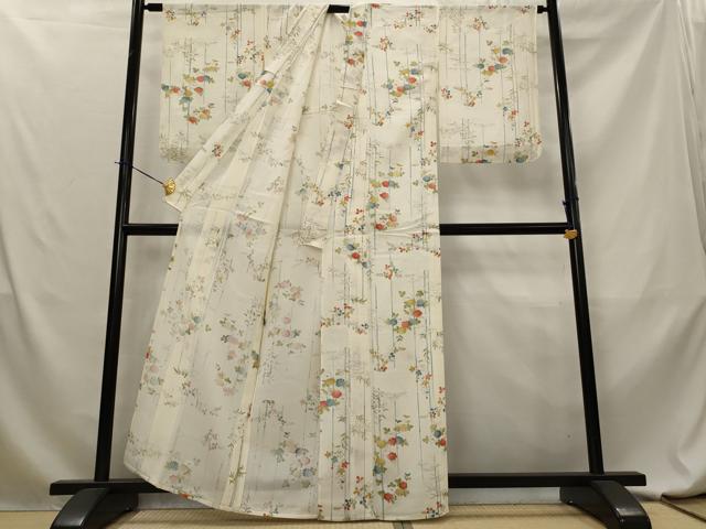平和屋着物＊夏物　小紋　絽　草花文　銀彩　正絹　逸品　AABL6174st
