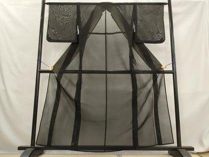平和屋着物＊夏物　小紋　二重紗　縞　黒地　銀糸　正絹　逸品　AABL6209st