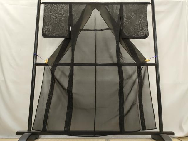 平和屋着物＊夏物　小紋　二重紗　縞　黒地　銀糸　正絹　逸品　AABL6209st