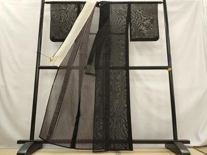 平和屋着物＊夏物　小紋　二重紗　縞　黒地　銀糸　正絹　逸品　AABL6209st