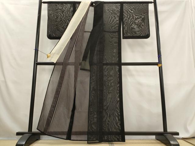 平和屋着物＊夏物　小紋　二重紗　縞　黒地　銀糸　正絹　逸品　AABL6209st