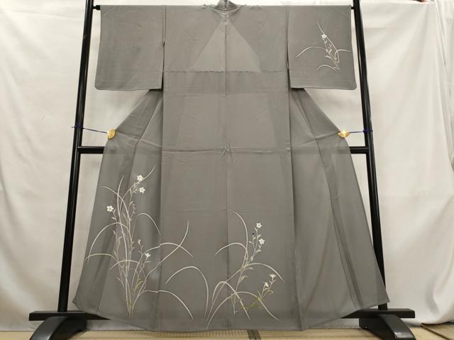 平和屋着物＊夏物　訪問着　縦絽　草花文　銀彩　反端付き　正絹　逸品　AABL6210st