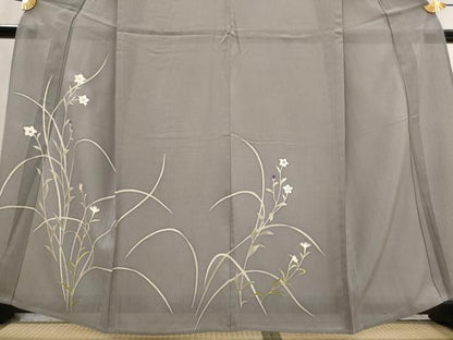 平和屋着物＊夏物　訪問着　縦絽　草花文　銀彩　反端付き　正絹　逸品　AABL6210st
