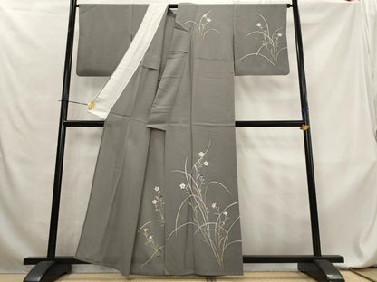 平和屋着物＊夏物　訪問着　縦絽　草花文　銀彩　反端付き　正絹　逸品　AABL6210st