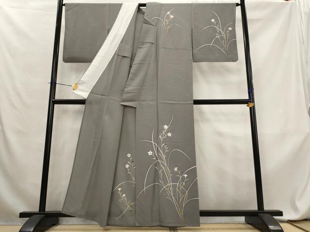 平和屋着物＊夏物　訪問着　縦絽　草花文　銀彩　反端付き　正絹　逸品　AABL6210st