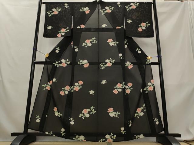 平和屋着物＊夏物　小紋　絽　舞花文　黒地　正絹　逸品　未使用　AABL6216st