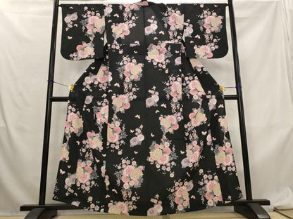 平和屋着物＊夏物　小紋　紗　花蝶文　黒地　洗える着物　AABL6255st