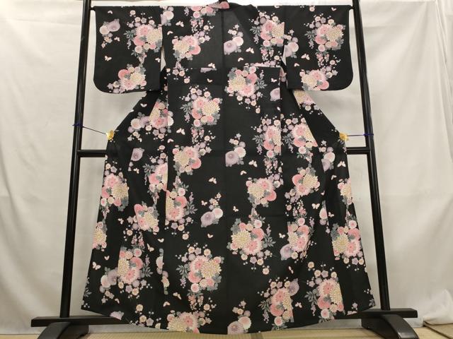 平和屋着物＊夏物　小紋　紗　花蝶文　黒地　洗える着物　AABL6255st