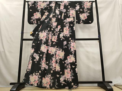 平和屋着物＊夏物　小紋　紗　花蝶文　黒地　洗える着物　AABL6255st