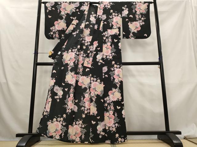 平和屋着物＊夏物　小紋　紗　花蝶文　黒地　洗える着物　AABL6255st