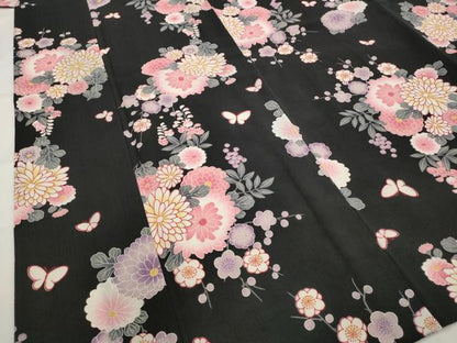 平和屋着物＊夏物　小紋　紗　花蝶文　黒地　洗える着物　AABL6255st