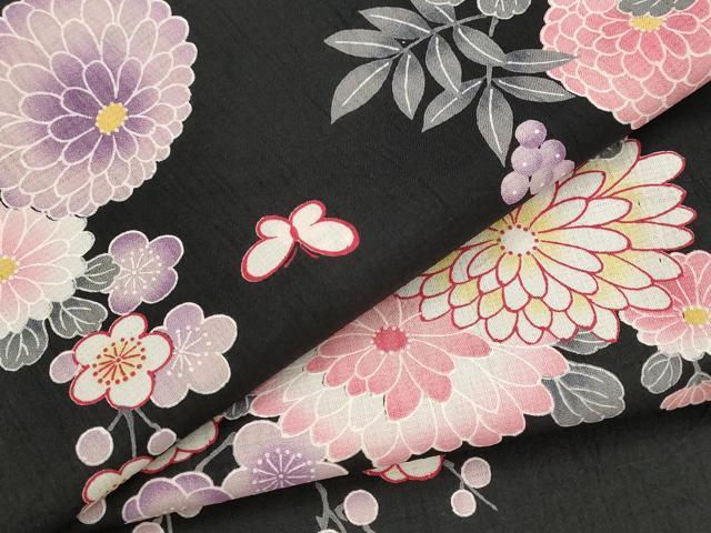 平和屋着物＊夏物　小紋　紗　花蝶文　黒地　洗える着物　AABL6255st