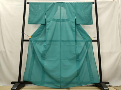 平和屋着物＊夏物　色無地　絽　青緑色　洗える着物　AABL6294st