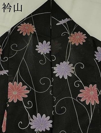 平和屋着物＊夏物　小紋　絽　花唐草文　黒地　洗える着物　AABL6325st