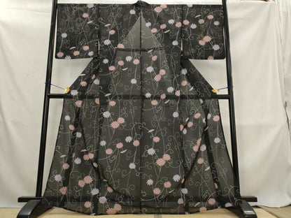 平和屋着物＊夏物　小紋　絽　花唐草文　黒地　洗える着物　AABL6325st