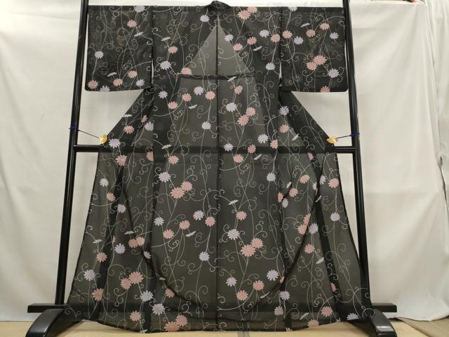 平和屋着物＊夏物　小紋　絽　花唐草文　黒地　洗える着物　AABL6325st