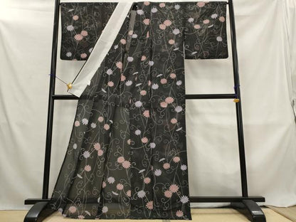平和屋着物＊夏物　小紋　絽　花唐草文　黒地　洗える着物　AABL6325st