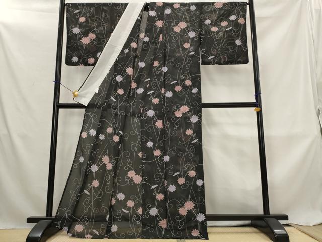 平和屋着物＊夏物　小紋　絽　花唐草文　黒地　洗える着物　AABL6325st