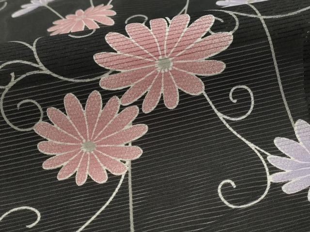 平和屋着物＊夏物　小紋　絽　花唐草文　黒地　洗える着物　AABL6325st