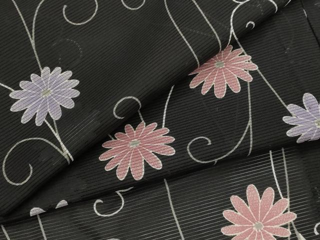 平和屋着物＊夏物　小紋　絽　花唐草文　黒地　洗える着物　AABL6325st