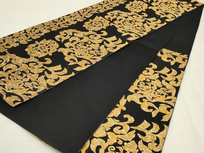 平和屋着物◎六通柄袋帯　花唐草文　黒地　金糸　正絹　逸品　AABL6361ou