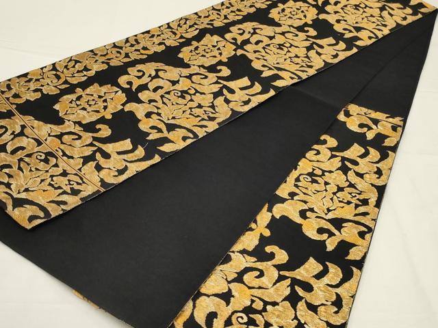 平和屋着物◎六通柄袋帯　花唐草文　黒地　金糸　正絹　逸品　AABL6361ou