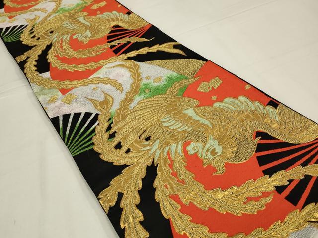 平和屋着物◎六通柄袋帯　唐織　扇面鳳凰文　黒地　金糸　正絹　逸品　未使用　AABL6363ou